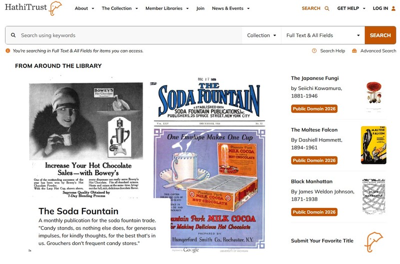 Screenshot of HathiTrust homepage.