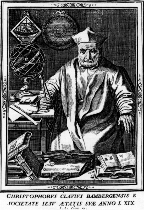 Engraving of German mathematician Christoph Clavius, drawing with a compass and surrounded by books.