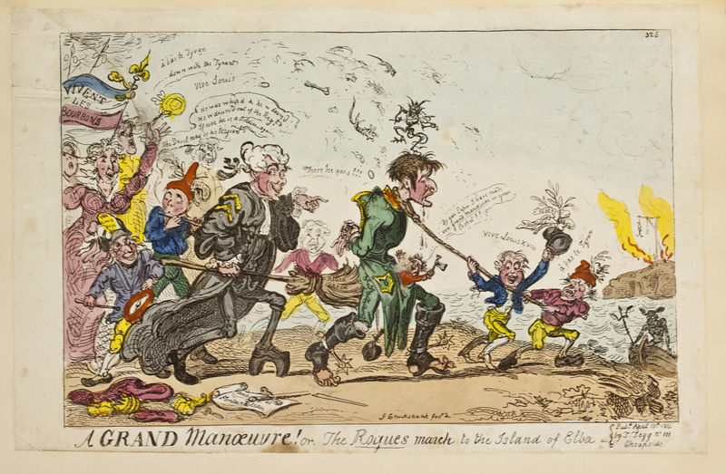 Colored etching of Napoleon being exiled to the Island of Elba.