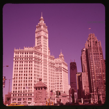 Photograph of the Wrigley Building and Tribune Tower.
