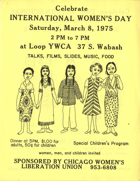 A yellow flier advertising a celebration for International Women's Day 1975.
