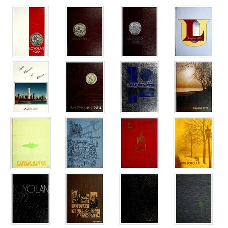 Image of Loyola yearbook covers arranged in a grid.